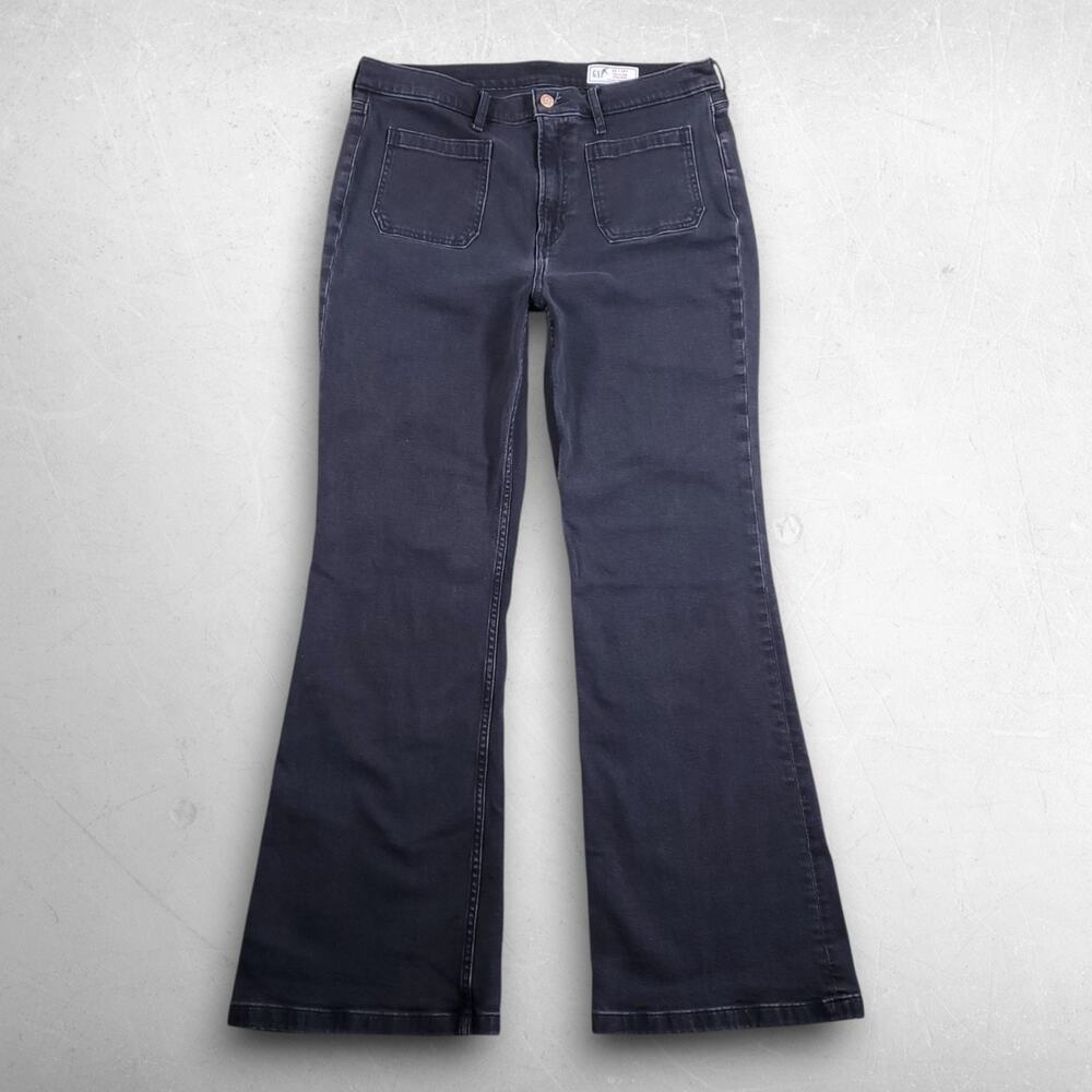 Gap 70s Flare High Rise Jeans Women 32/14R Black Stretch Patch Pockets Retro